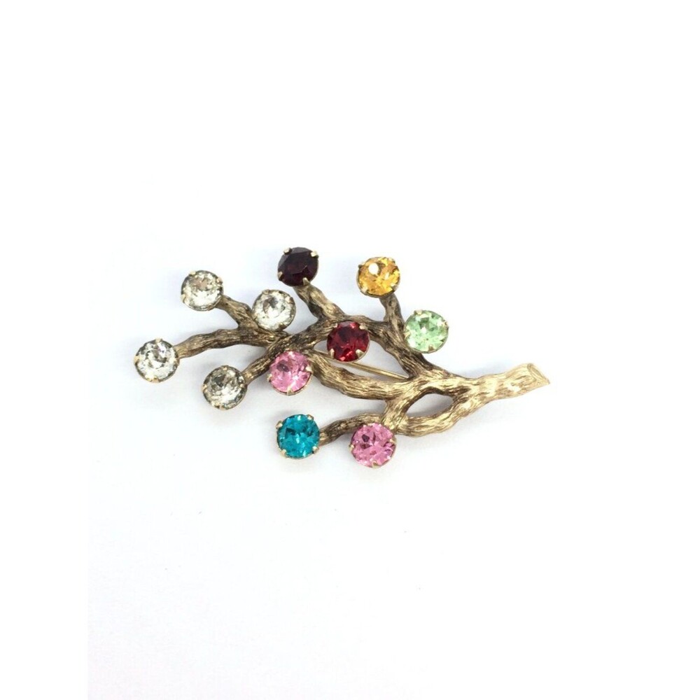 Vintage VAN DELL Brooch 12k Gold Filled Branch Multicolor Rhinestone UV Glow